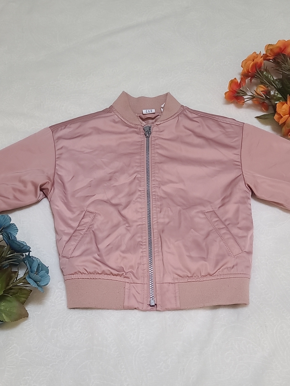 Baby GAP Dusty Rose Pink Quilted Bomber Jacket Ribbed Trim Lined Sleeves